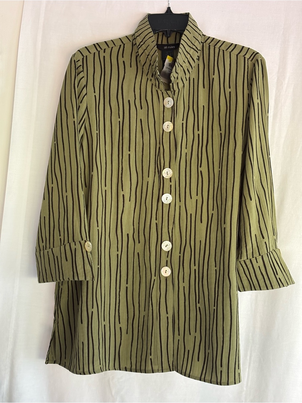 Ali Miles Olive Green and Black Button-Front Striped Blouse